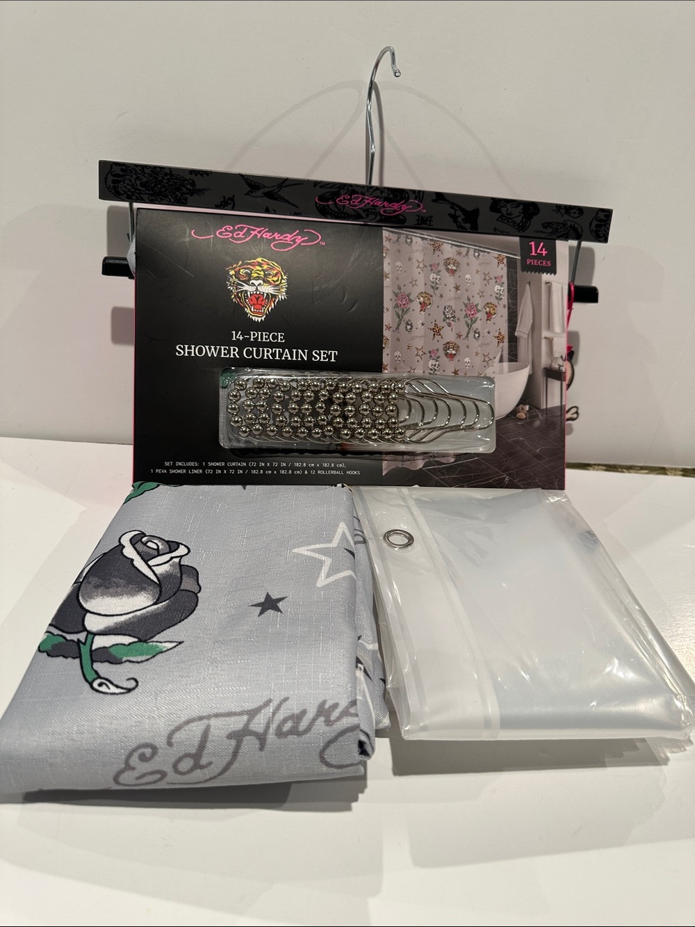 NWT Ed Hardy Roses/Tiger (14) Piece Shower Curtain Set with Fabric/Plastic.